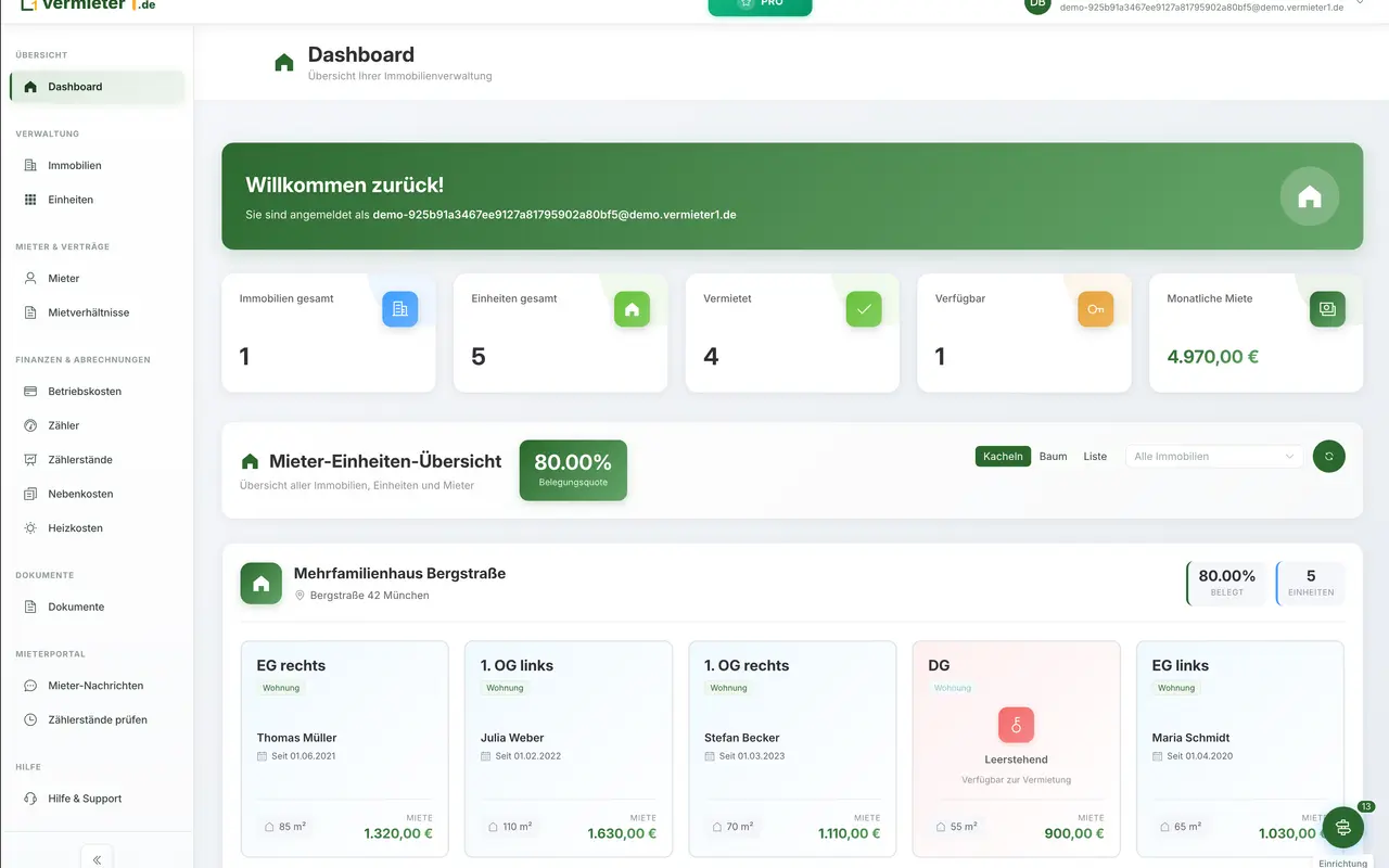 vermieter1.de Dashboard - Nebenkostenabrechnung