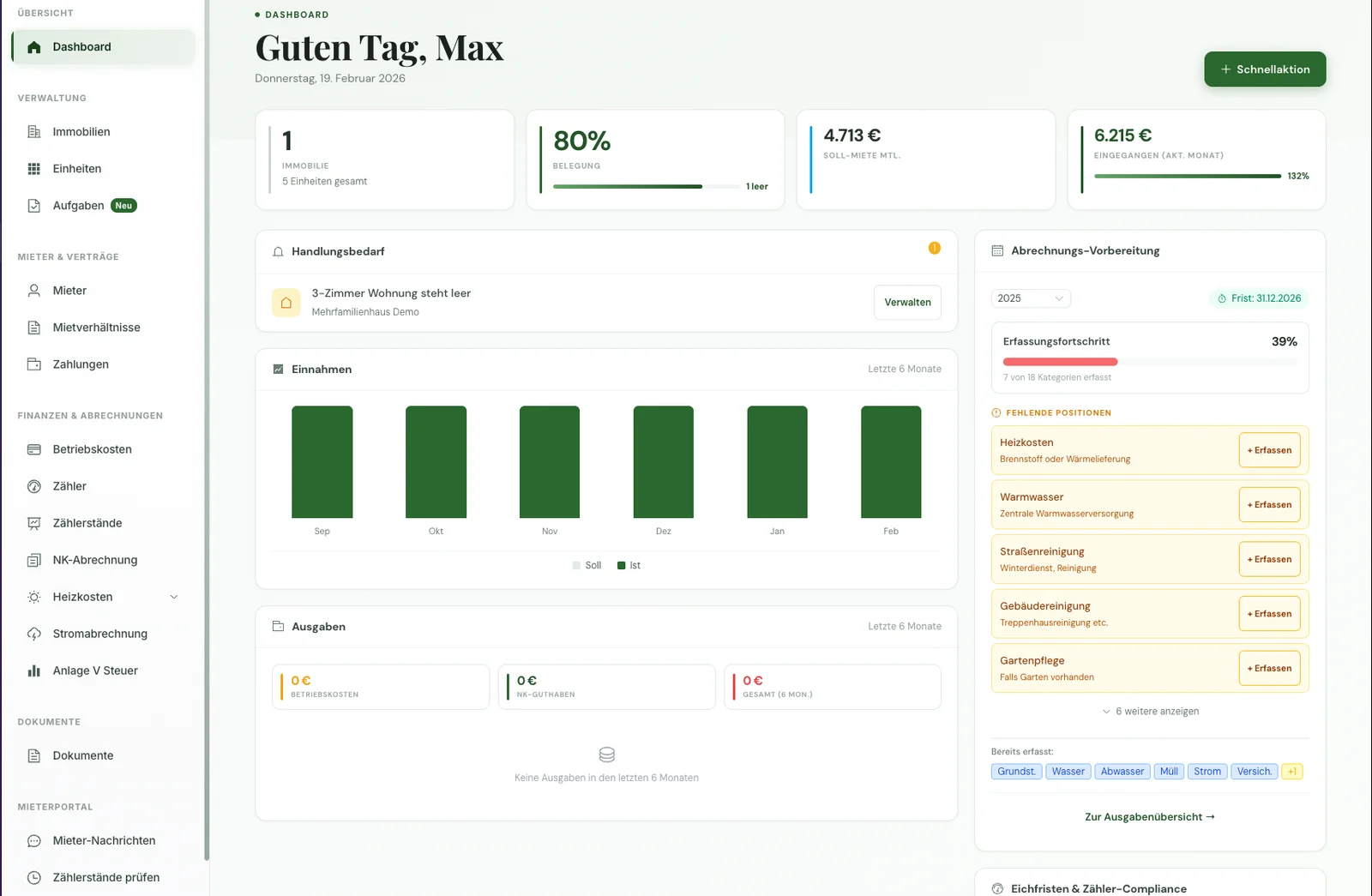 vermieter1.de Dashboard Mockup - Nebenkostenabrechnung erstellen