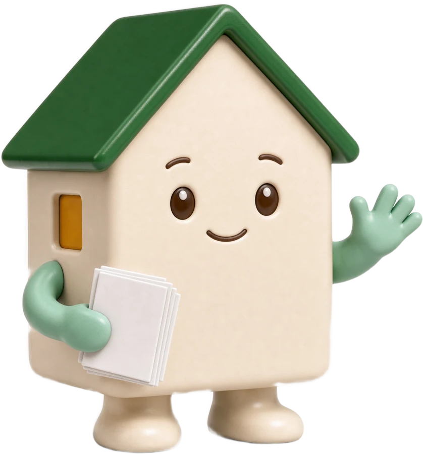Der freundliche Haus-Assistent von Vermieter1 KI mit grünem Dach und Dokumenten in der Hand
